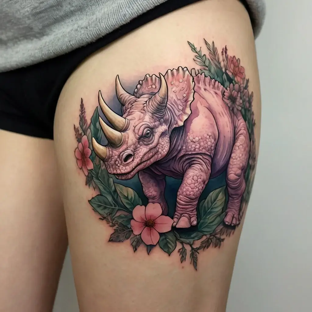 Tattoo of a pink triceratops surrounded by vibrant flowers and leaves, blending realism with bold colors on the thigh.