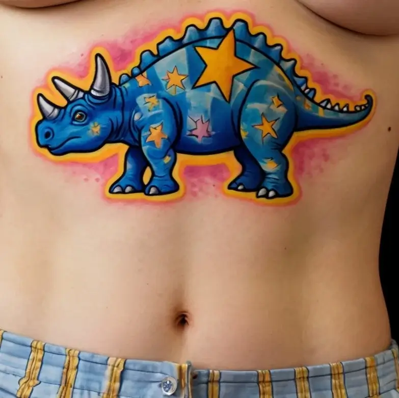 Colorful dinosaur tattoo with blue skin, bright yellow stars, pink shading, and bold outlines on the torso.