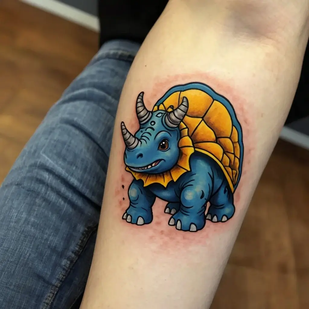 Cartoon tattoo of a blue triceratops-turtle hybrid with a yellow shell and horns, blending dinosaur and reptile features.