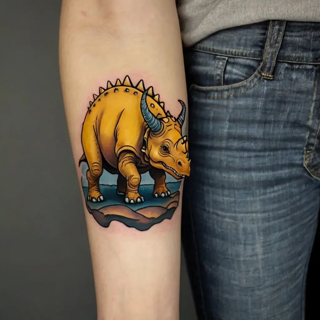 Tattoo of a vibrant yellow triceratops on a forearm, standing on a rocky surface, with bold outlines and shading.