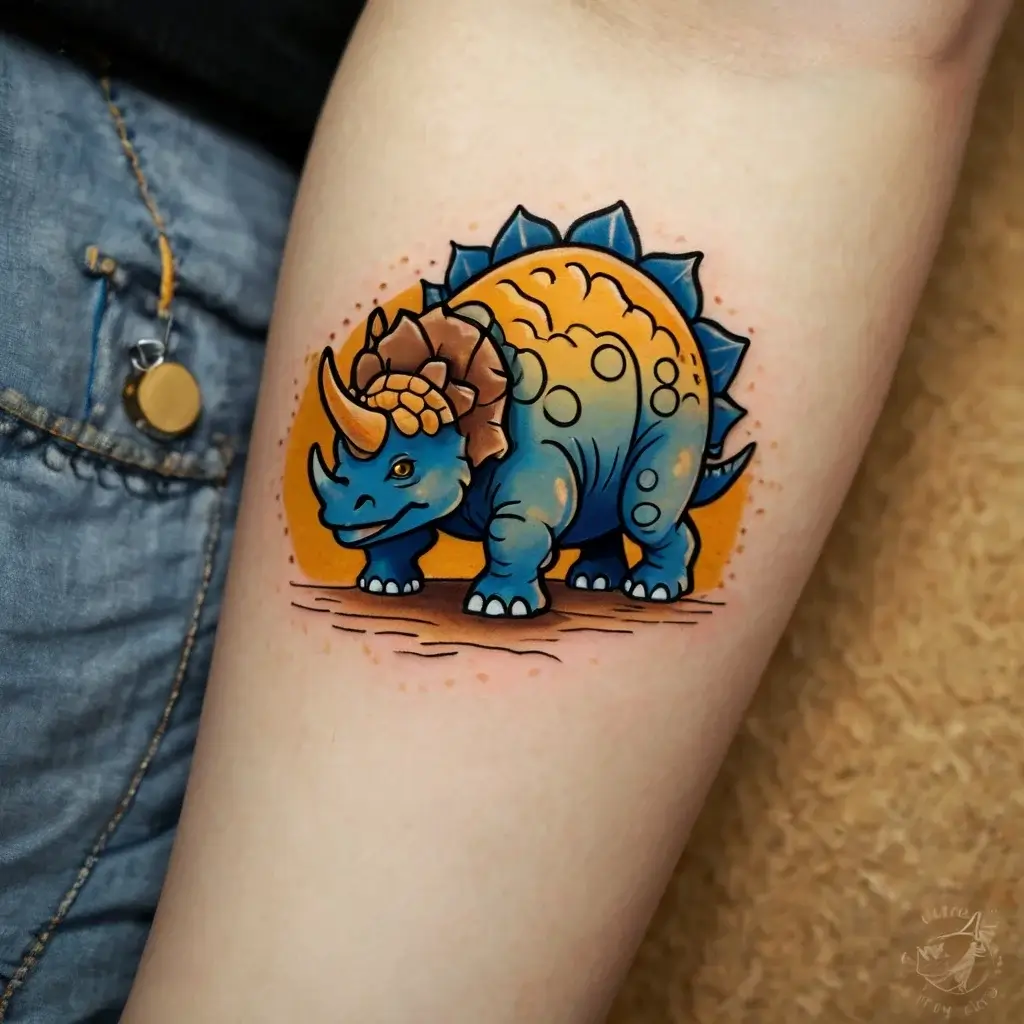 Colorful cartoon triceratops tattoo with blue and orange hues, featuring detailed spikes and a cheerful expression.