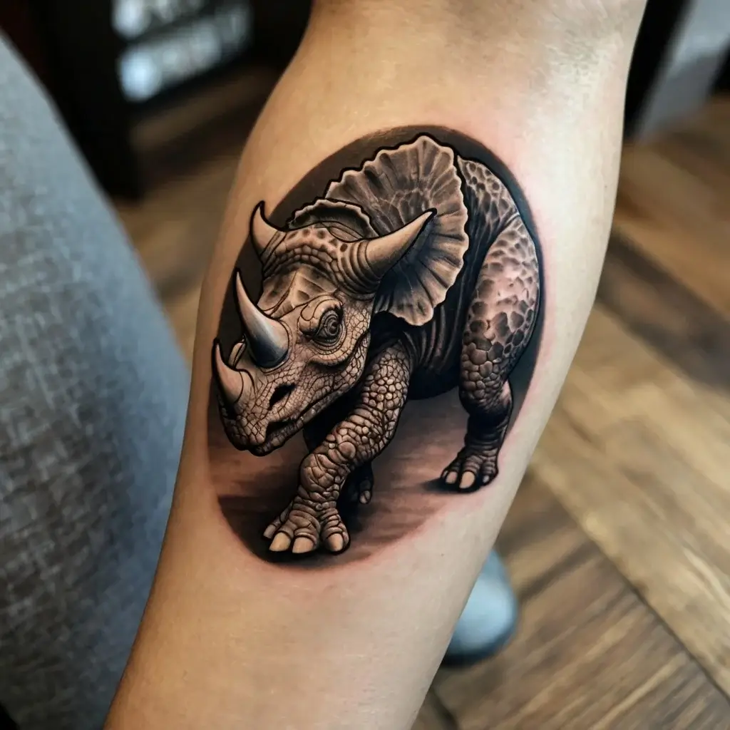 Realistic triceratops tattoo in grayscale with detailed texture and shading on the forearm, evoking strength and resilience.