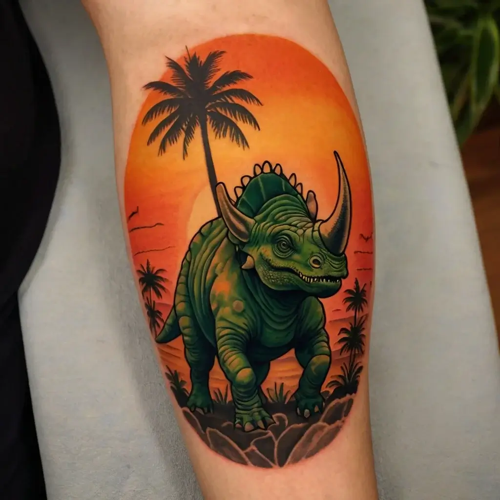 A vibrant tattoo of a green dinosaur with a palm tree set against a vivid orange sunset background.