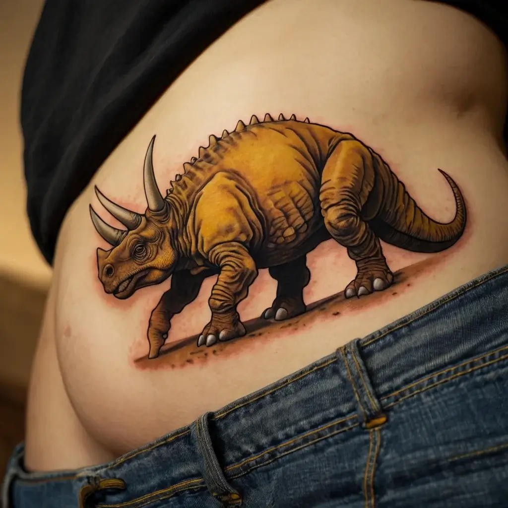 Realistic triceratops tattoo in shades of yellow and brown on the waist, showcasing detailed horns and textured skin.