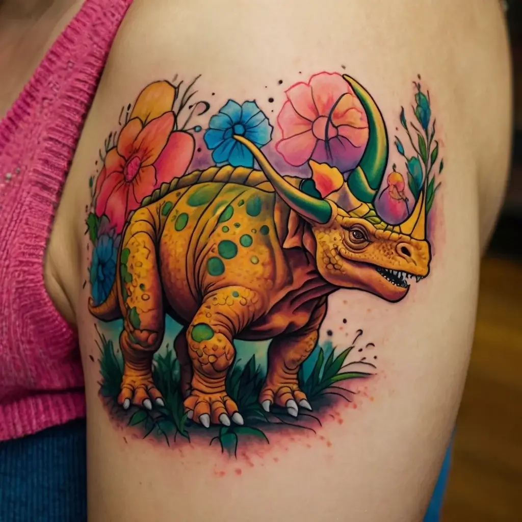 Vibrant tattoo of a triceratops surrounded by colorful flowers, blending nature with prehistoric charm on the shoulder.