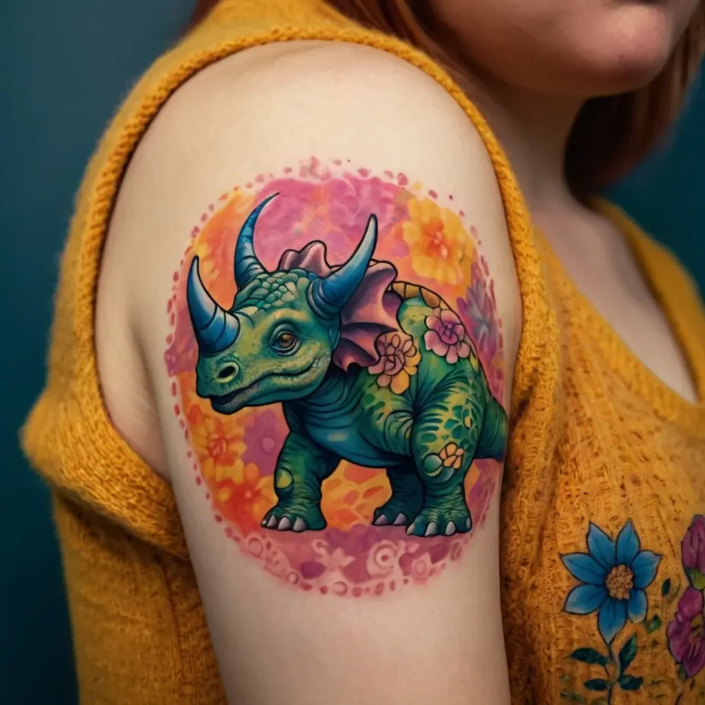 A vibrant triceratops tattoo with floral accents and a colorful background, blending blues, greens, and pinks on the arm.