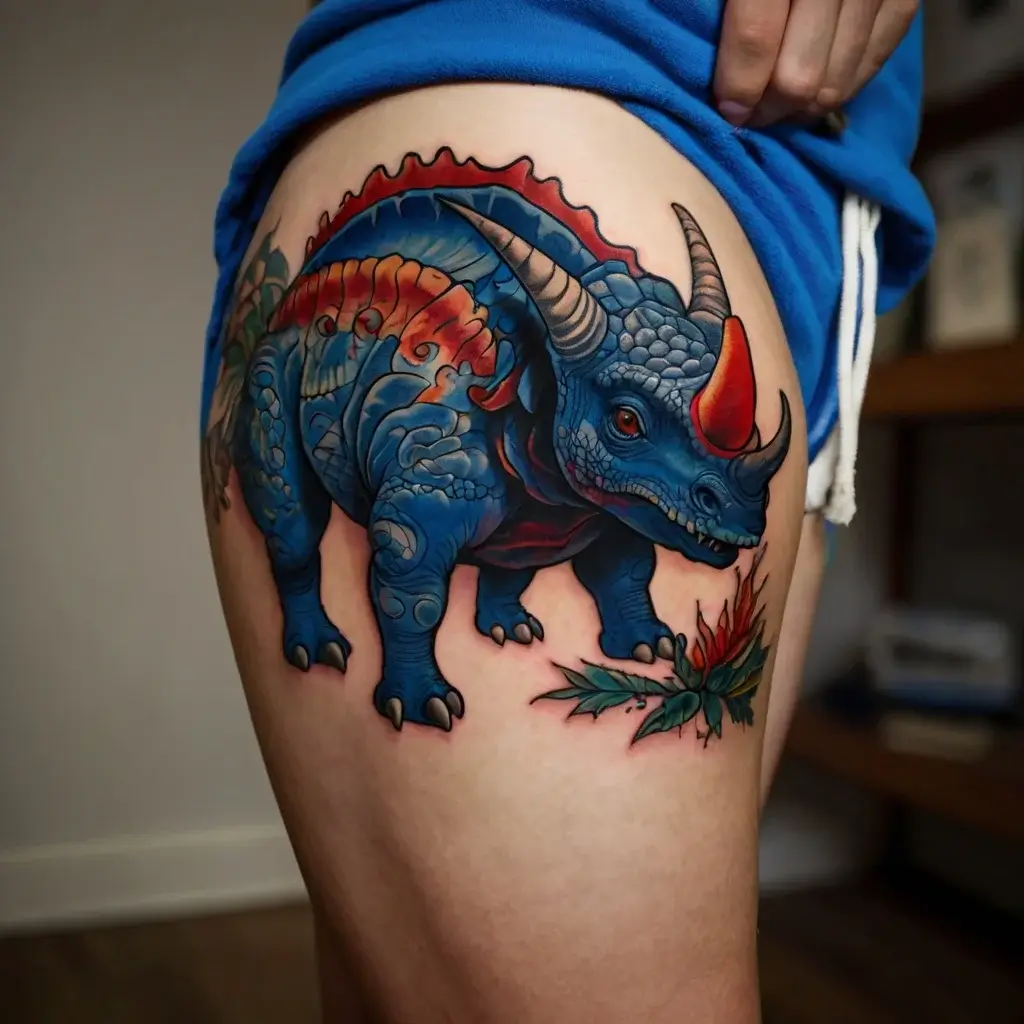 Colorful triceratops tattoo with vibrant blue body, red accents, and intricate detailing, standing over botanical elements.