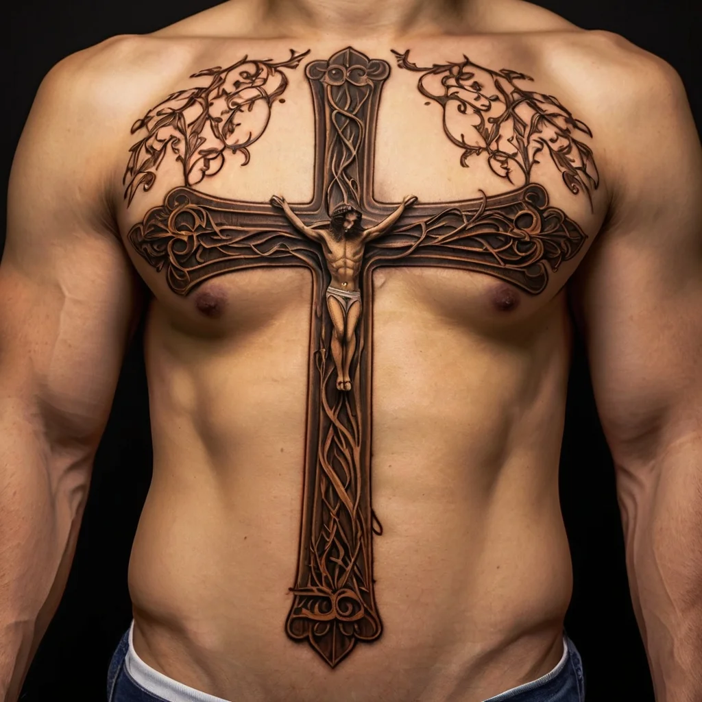 Intricate cross tattoo with detailed Jesus figure and ornate floral design extending across the chest.