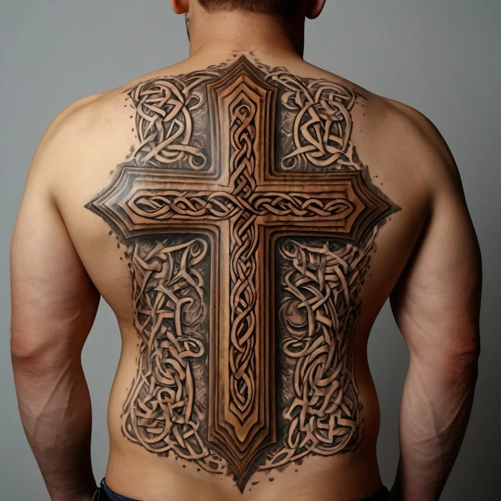 Intricate Celtic cross tattoo on back, featuring detailed knotwork and shadowing for a striking, three-dimensional effect.