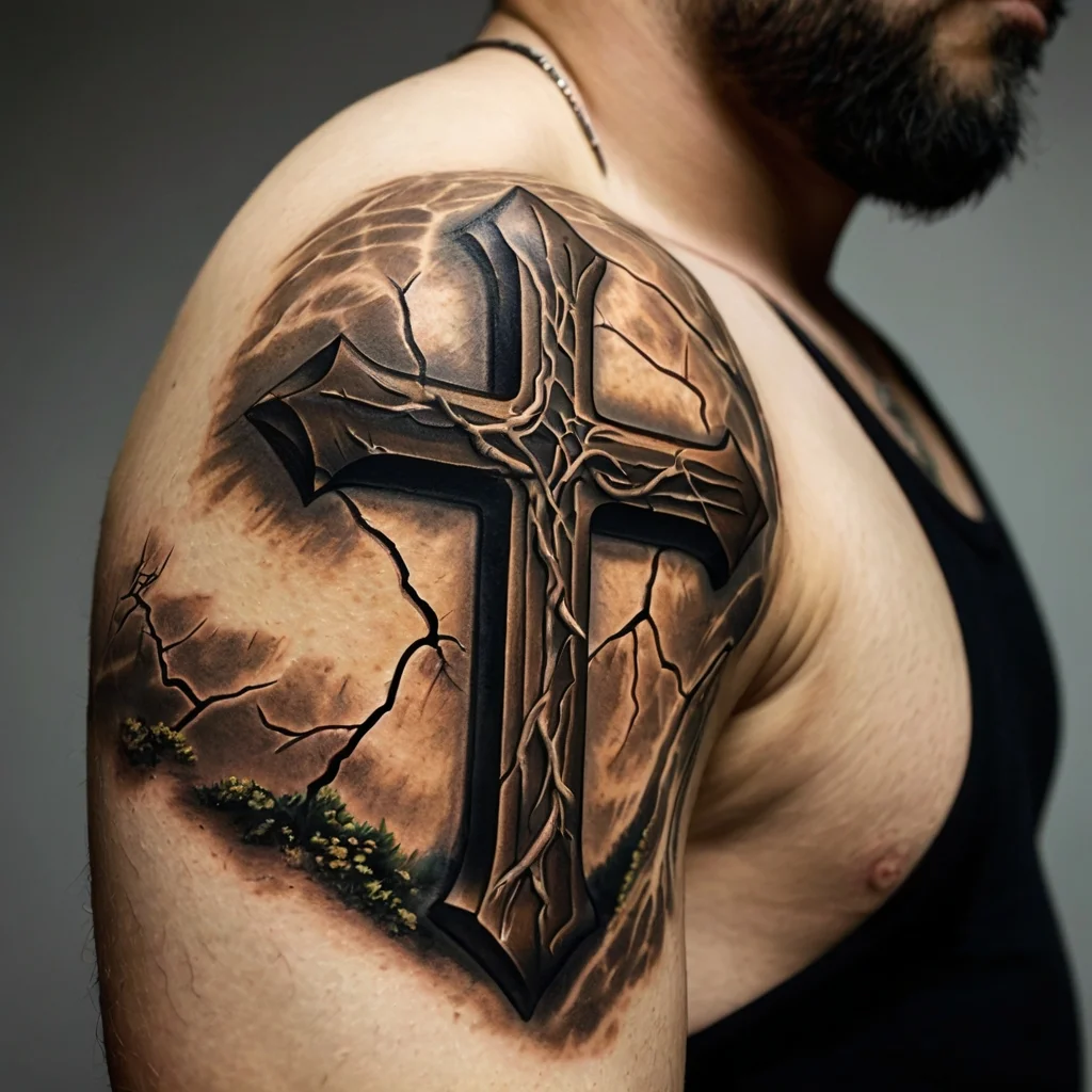 A cracked stone cross tattoo on the upper arm, surrounded by earthy textures and greenery for a lifelike effect.