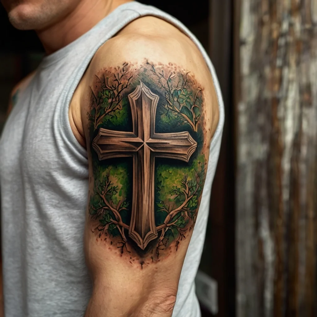 Tattoo of a wooden cross surrounded by branches and foliage, set against a vibrant green and brown background on the upper arm.