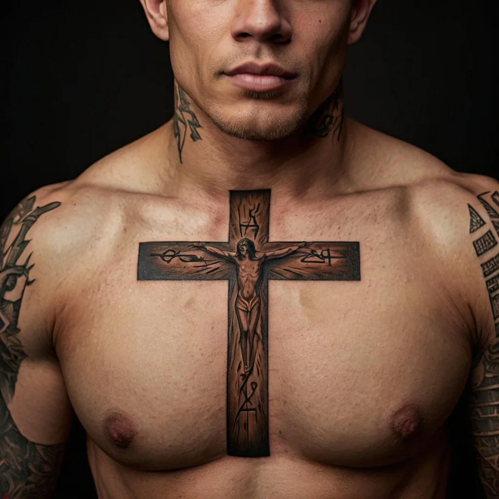 Realistic cross tattoo on chest featuring a detailed crucifixion scene, surrounded by ancient symbols and tribal patterns.