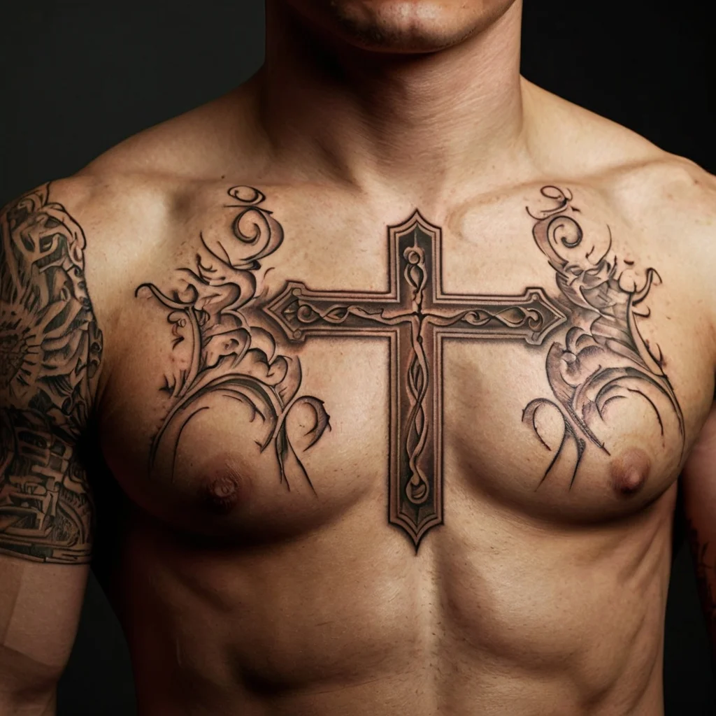 Intricate cross tattoo on chest, framed by swirling tribal patterns, combines bold lines and delicate shading.