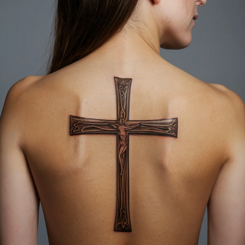 Intricate back tattoo of a crucifix with ornate floral patterns, blending religious and artistic elements seamlessly.