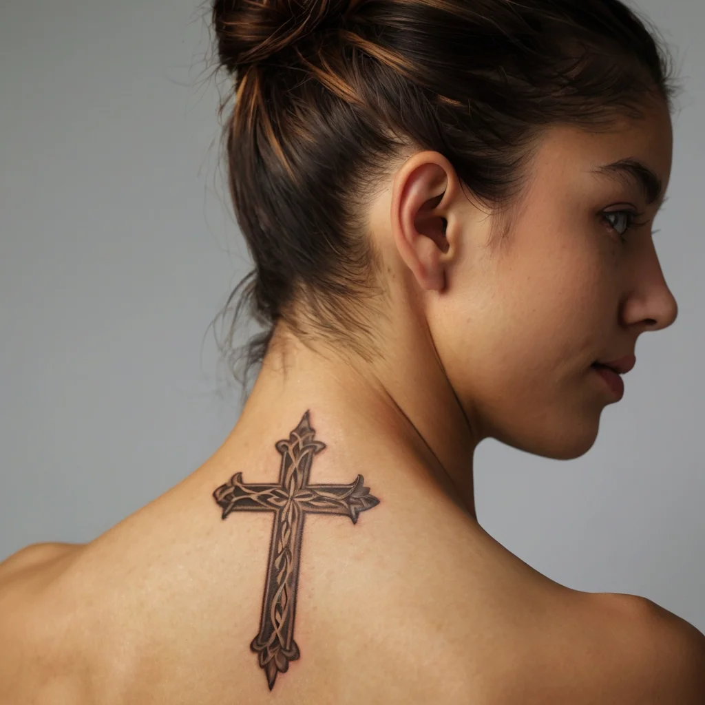 Ornate black cross tattoo with intricate Celtic knot patterns, placed centrally on the upper back of a person.