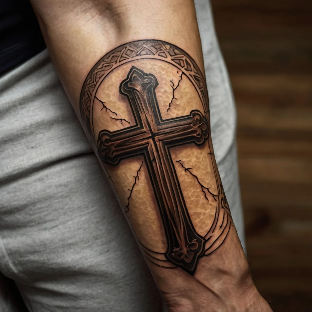 Intricate cross tattoo with Celtic patterns, surrounded by cracked stone-like texture, symbolizing strength and resilience.