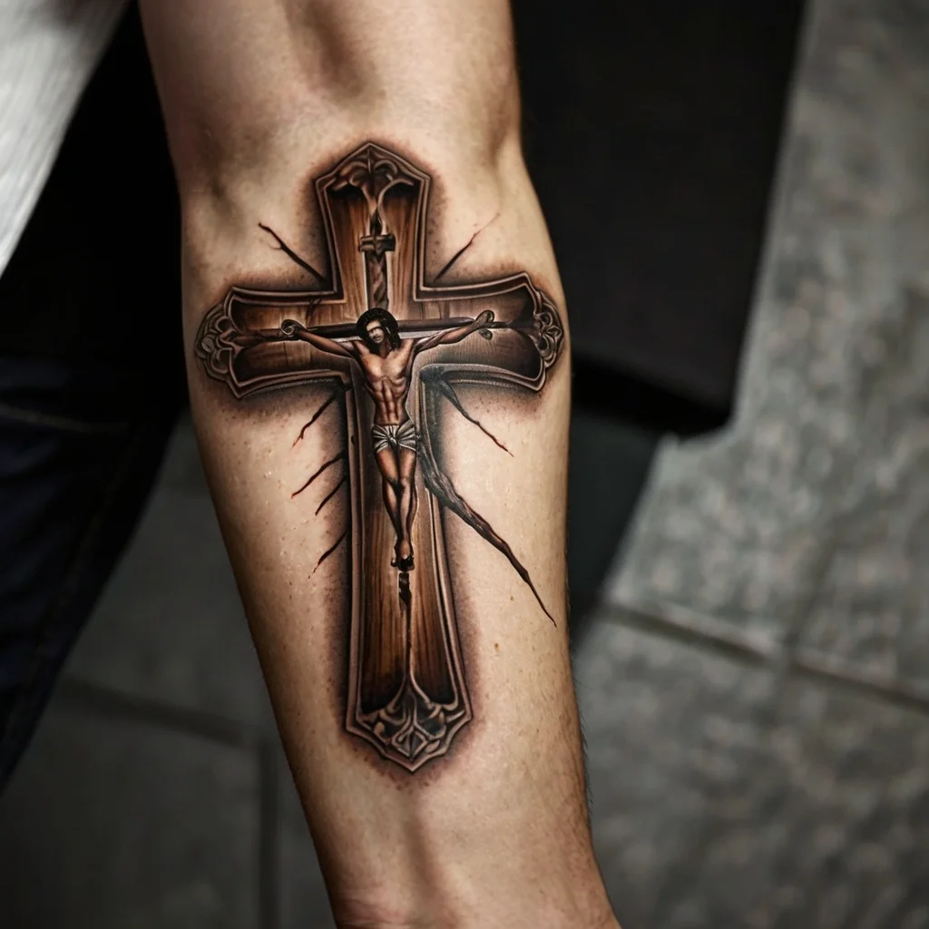 A detailed tattoo of a crucifix with intricate shading and ornate details, centered on the forearm.