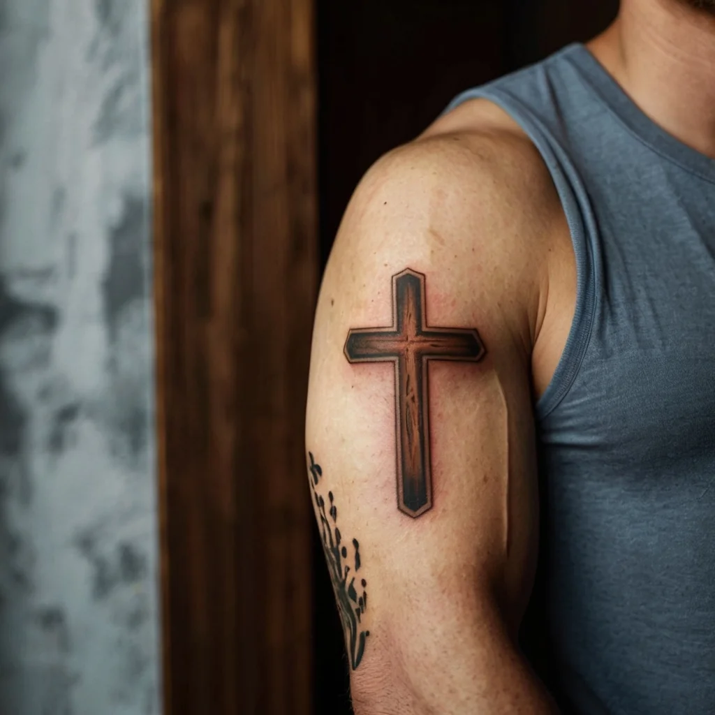 Bold wooden cross tattoo on upper arm with shadow effect for depth, symbolizing faith and strength.