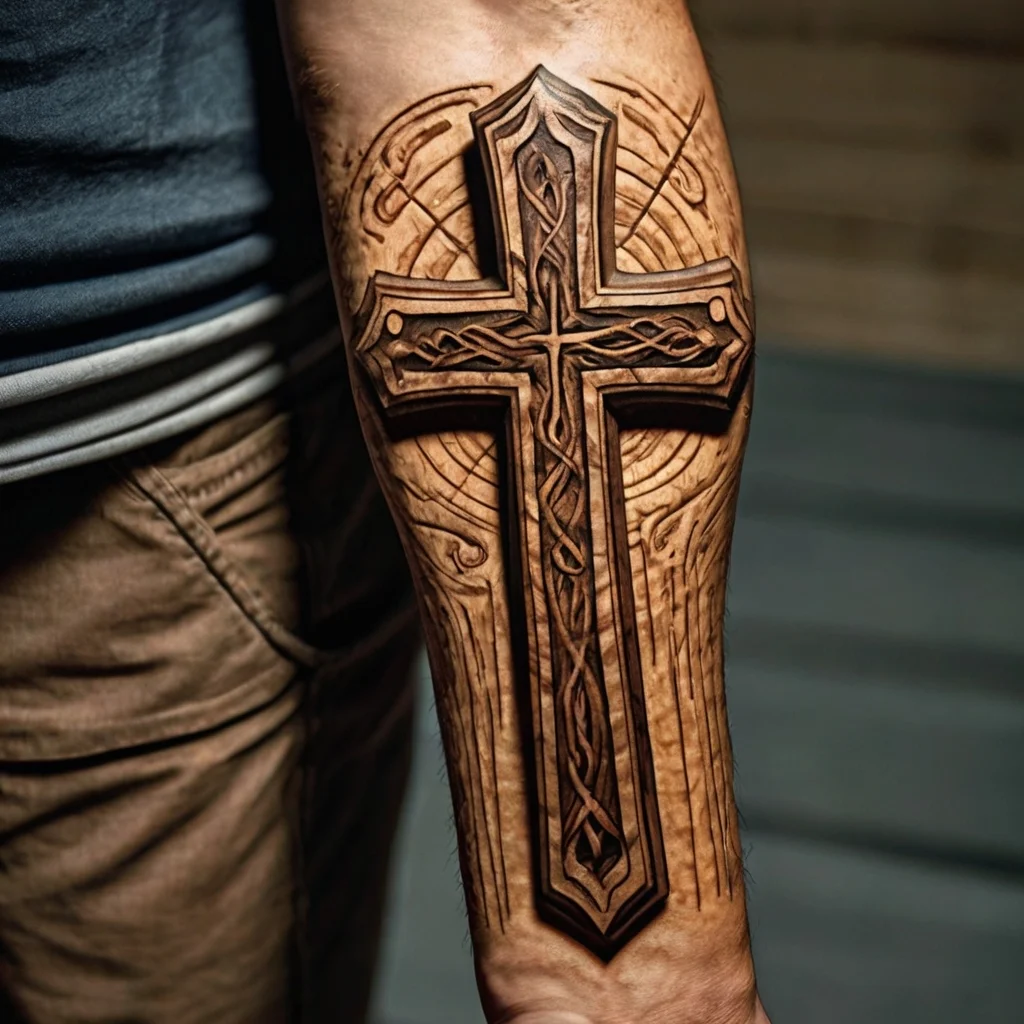 Intricate Celtic cross tattoo with knotwork, bold shading, and circular patterns on the forearm.