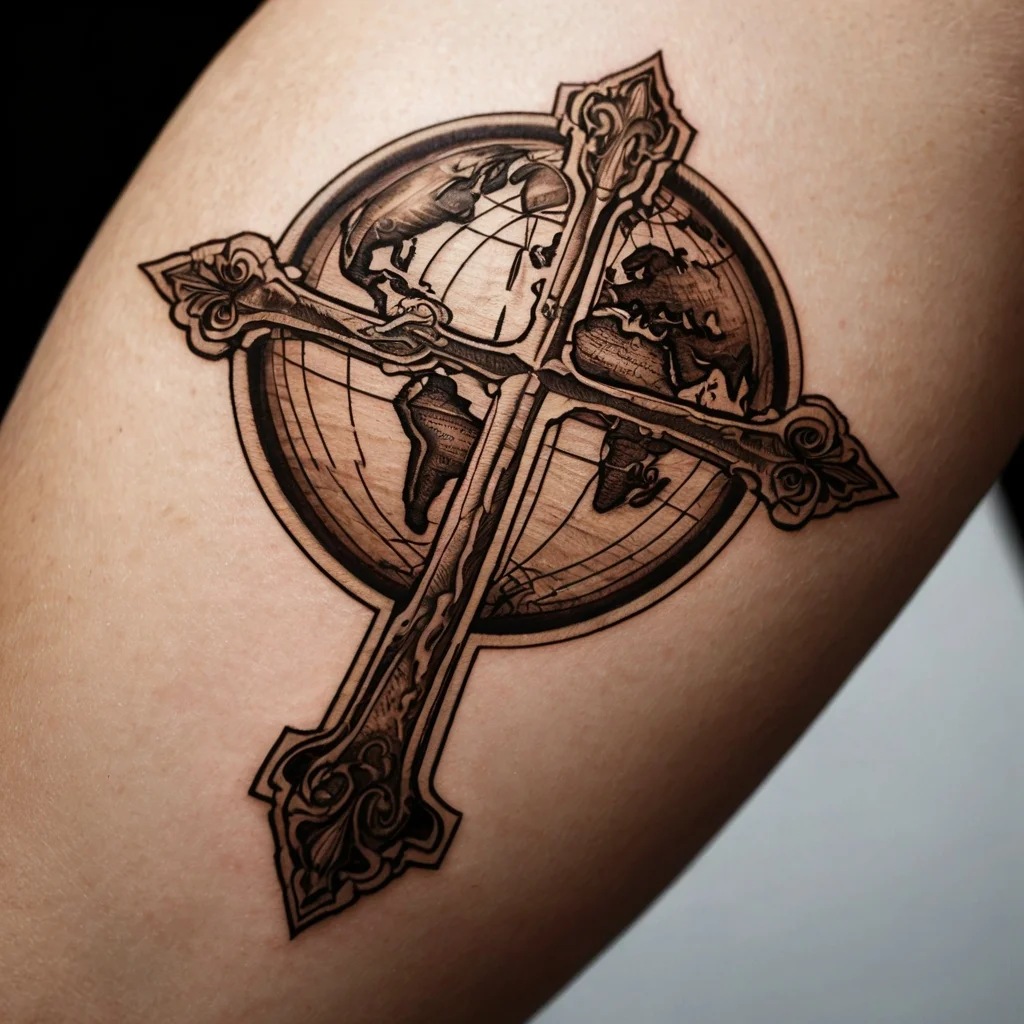 Intricate tattoo of a gothic cross overlaying a globe, blending spirituality and global unity with detailed linework.