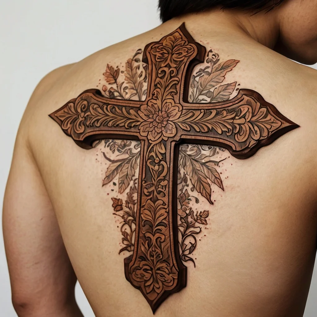 Ornate cross tattoo with intricate floral detailing and wood texture, centered on the back with leafy accents.