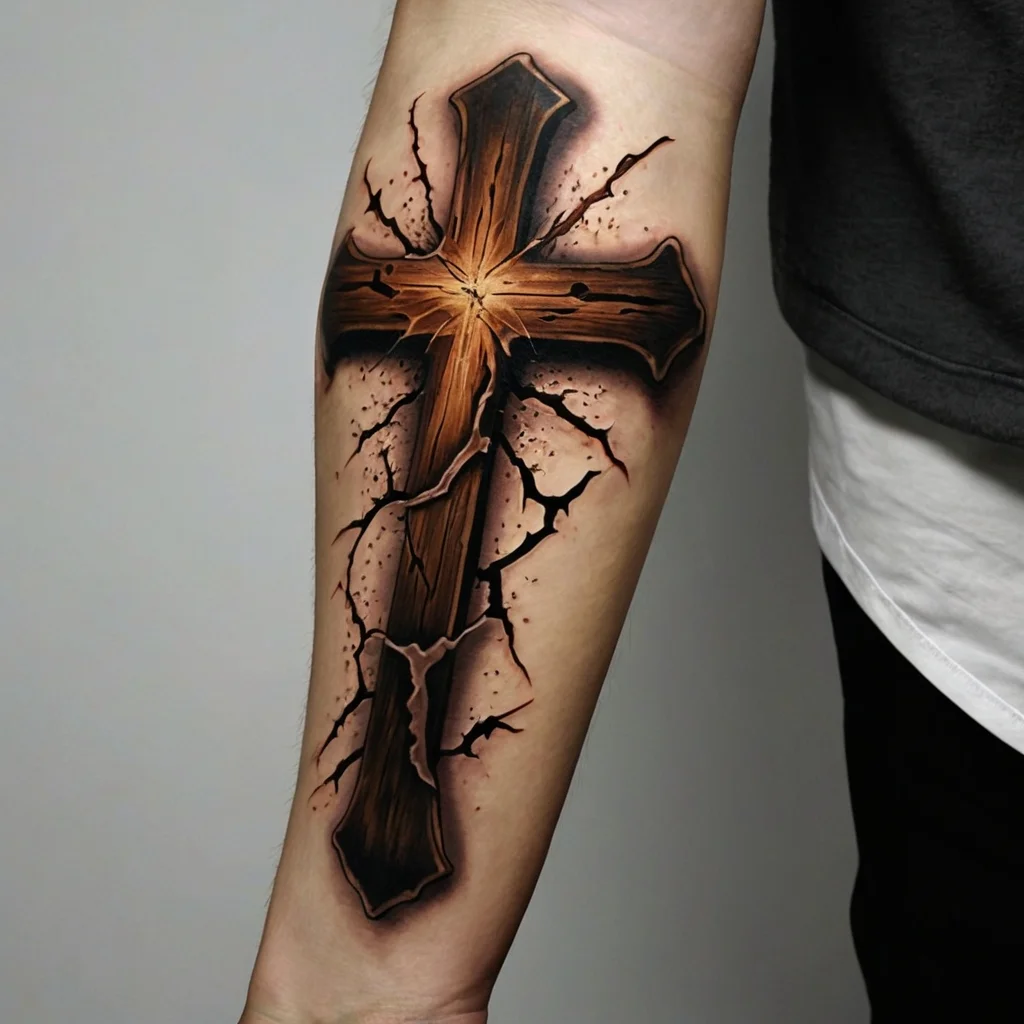 3D-style wooden cross tattoo with cracks and shading, creating an effect of breaking through the skin on the forearm.