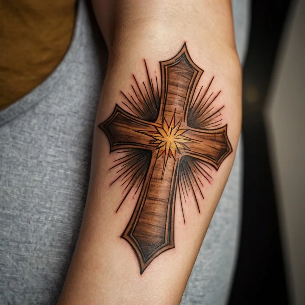 A wooden cross tattoo with radiant lines and a glowing center star, blending realism with spiritual symbolism.