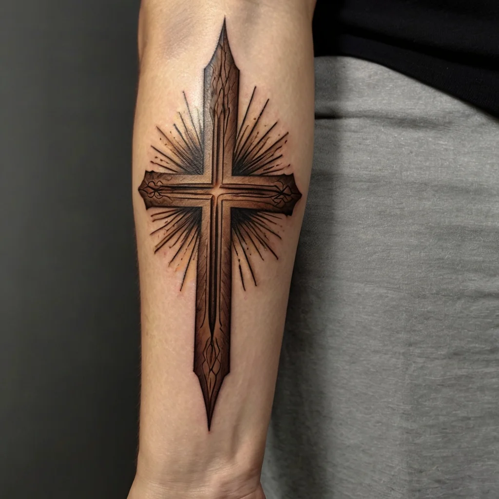 Intricate cross tattoo with bold lines and radiant sunburst details on the forearm, symbolizing faith and strength.