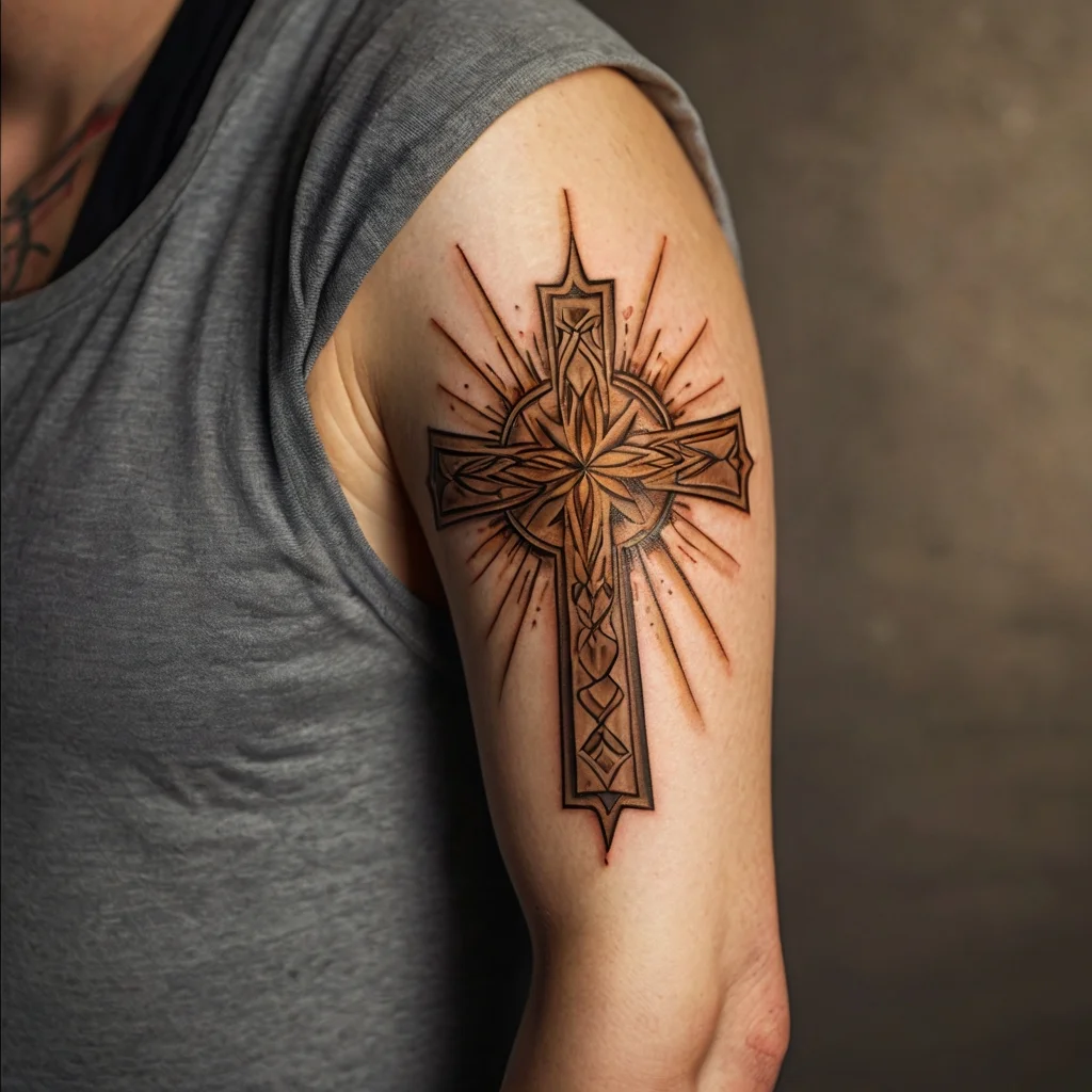 Ornate tribal cross tattoo with intricate patterns, surrounded by radiant lines, on the upper arm.