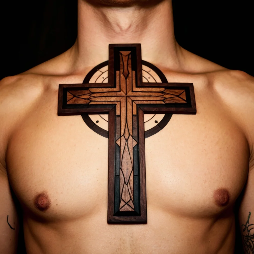 Intricate wooden cross tattoo on chest with geometric patterns and circular accents, blending classic and modern styles.