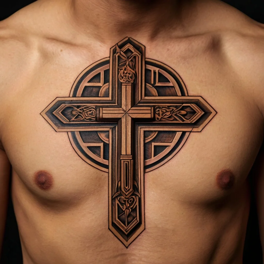 Chest tattoo of an intricate 3D Celtic cross, featuring detailed knotwork and shading for a bold and dimensional look.