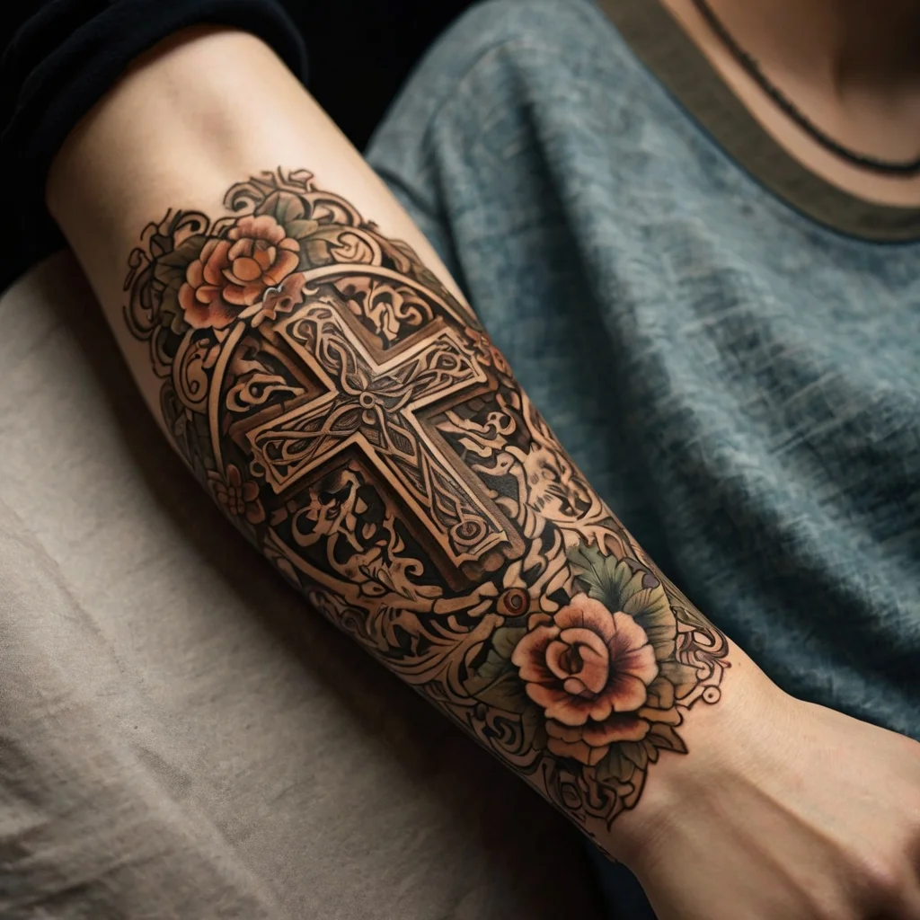 Intricate cross tattoo with ornate detailing, flanked by vibrant roses and leaves, symbolizing faith and vitality.