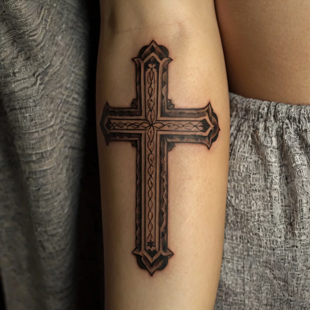 Intricate cross tattoo with Celtic knot patterns and bold outlines, highlighting spiritual symbolism and artistry.