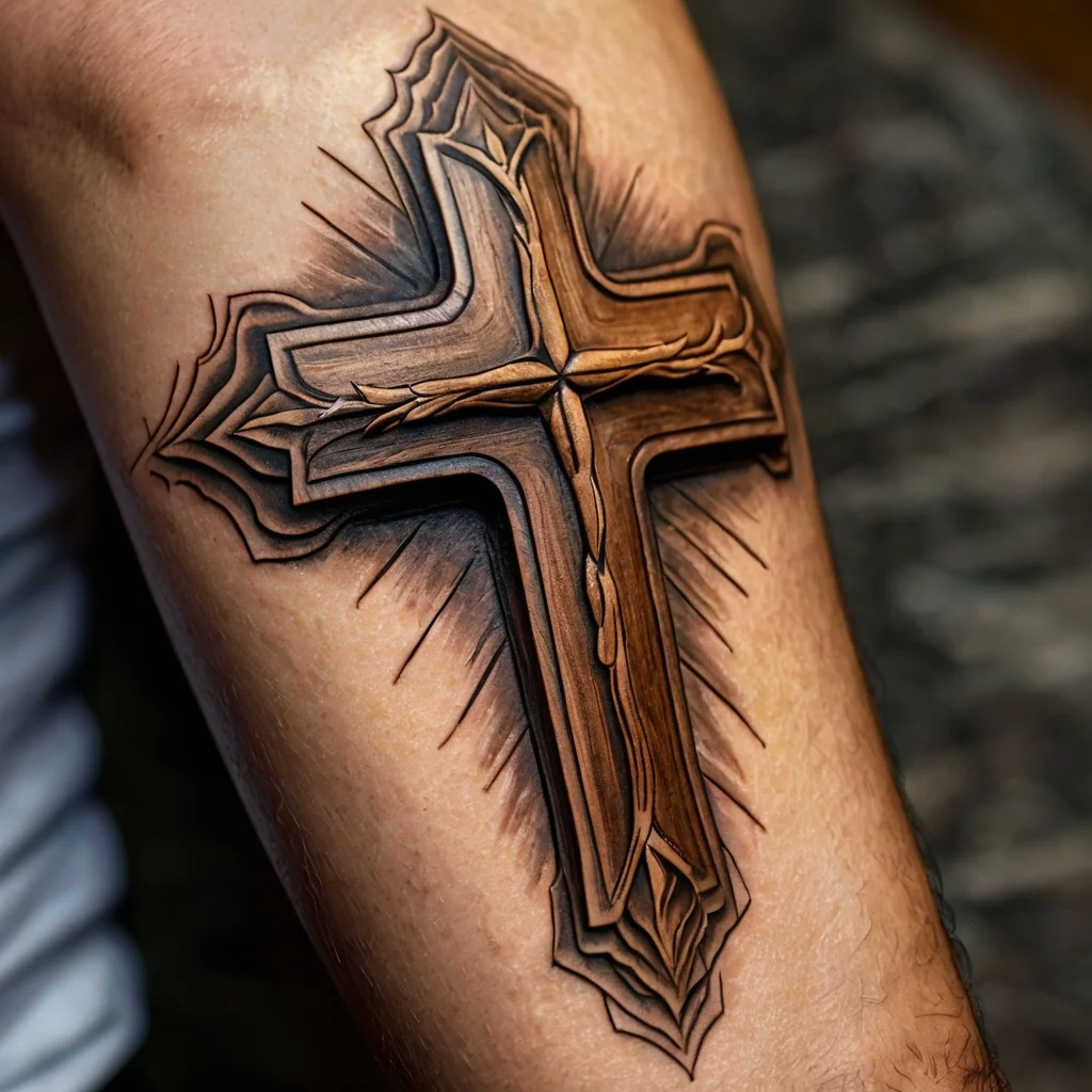 Wooden cross tattoo with intricate 3D detailing and shaded edges, creating a realistic and bold effect on the skin.