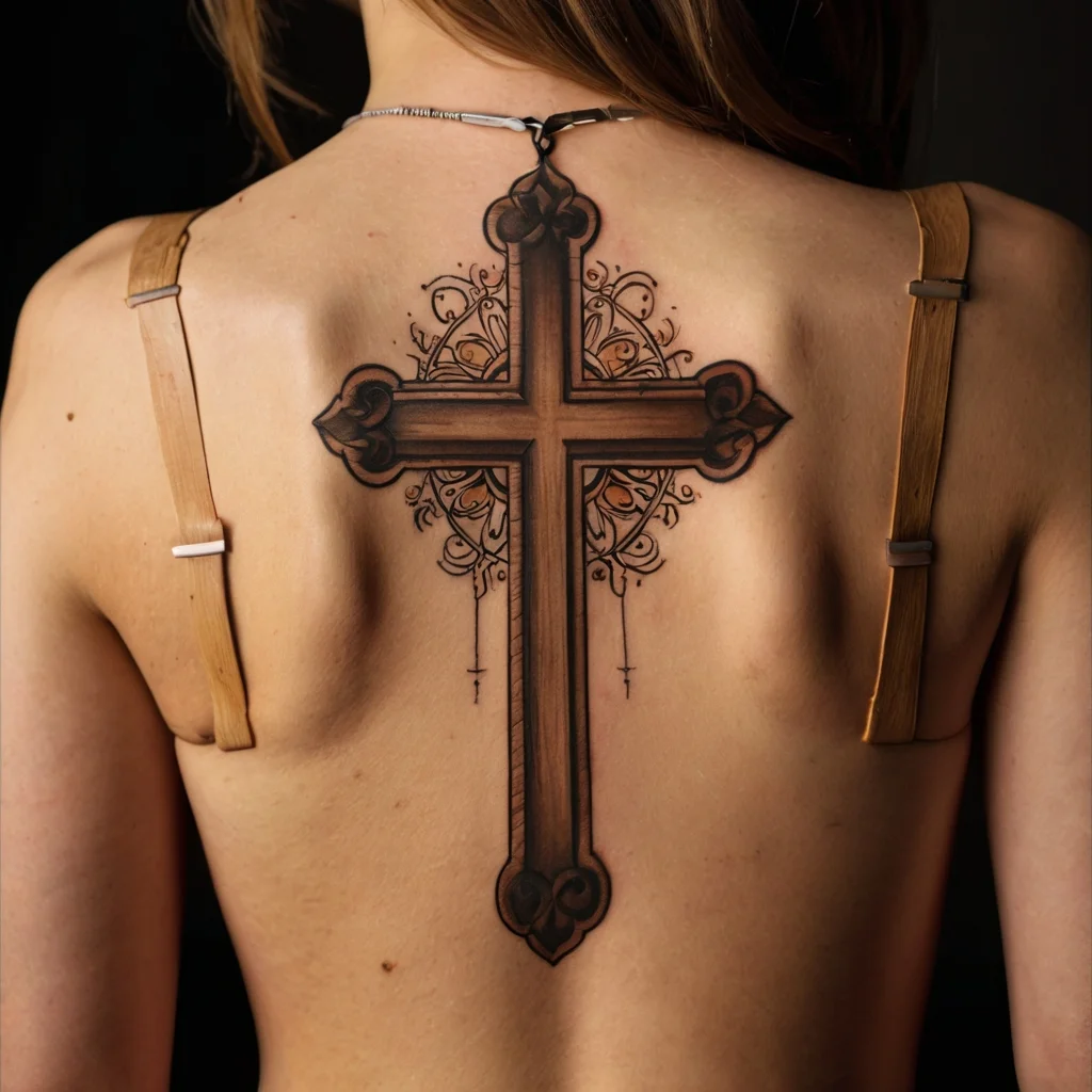 Intricately detailed cross tattoo on back, featuring ornate patterns and fine embellishments along the edges.