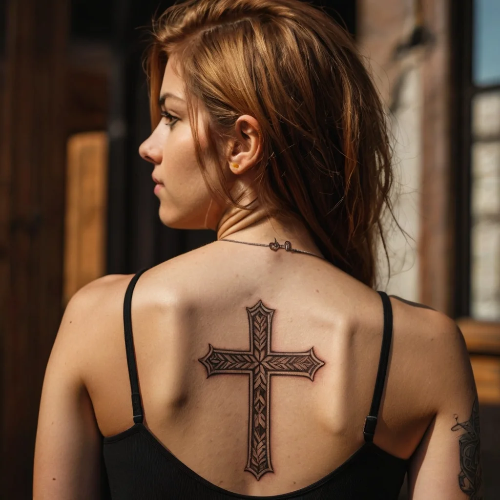 Intricate cross tattoo on upper back, featuring geometric patterns and bold lines for a striking yet elegant design.