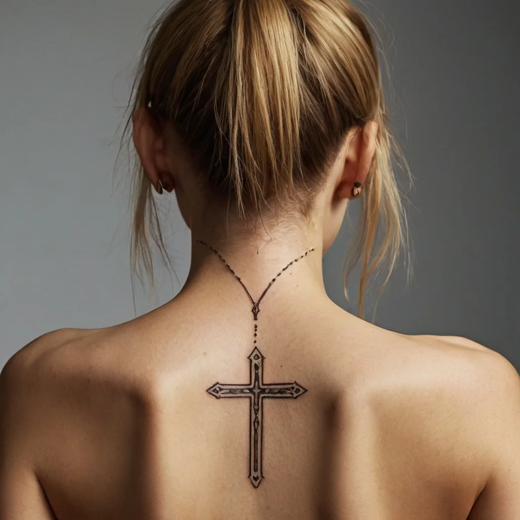 Intricate cross tattoo on upper back with dotted chain leading to the nape, featuring ornate detailing and accents.