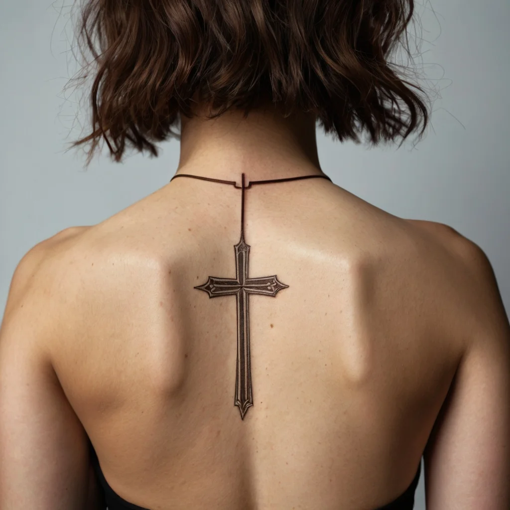 Ornate cross tattoo on upper back with sharp, elegant tips, connected by a fine line from the neck, highlighting symmetry.