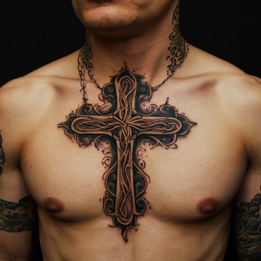 Ornate Celtic cross tattoo on the chest, featuring intricate knotwork and shaded embellishments for depth and style.