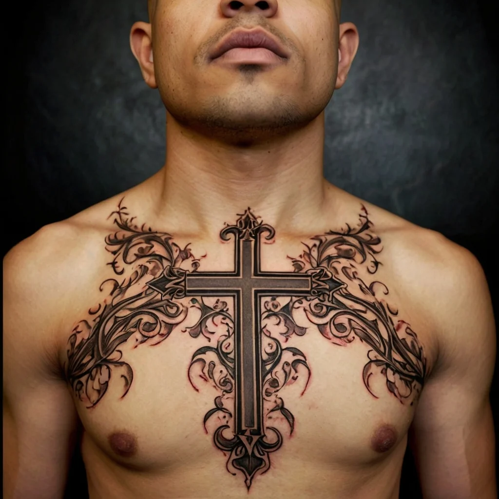 Intricate black cross with swirling vine patterns spans the chest, merging bold lines with elegant, curly details.