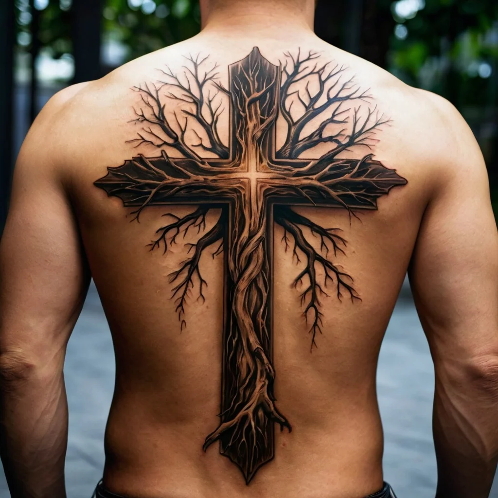 Intricate back tattoo of a cross with tree branches intertwining, symbolizing life and faith merging harmoniously.