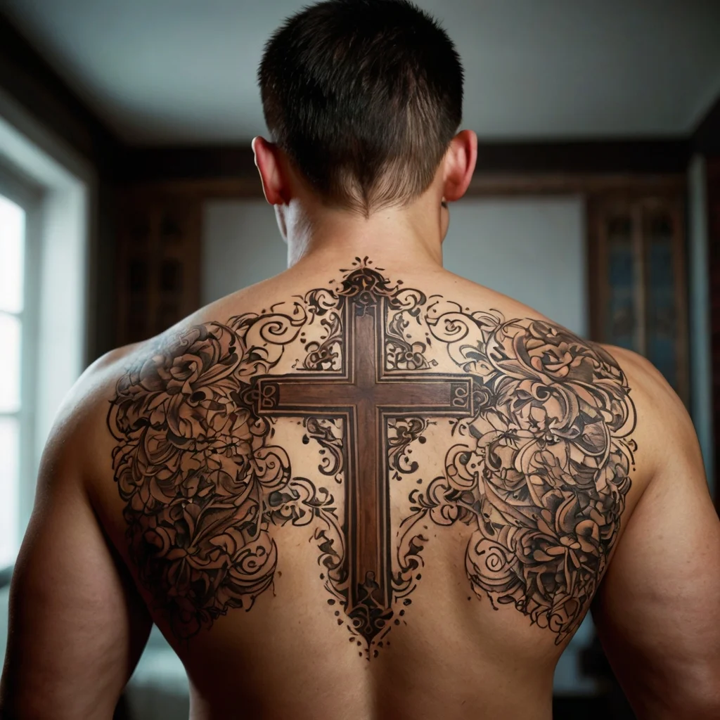 Intricate cross tattoo with ornamental patterns and floral motifs, symmetrically spanning the entire upper back.