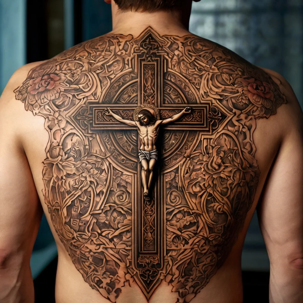 Intricate back tattoo of Christ on a cross with surrounding ornate floral and geometric patterns in black and grey.