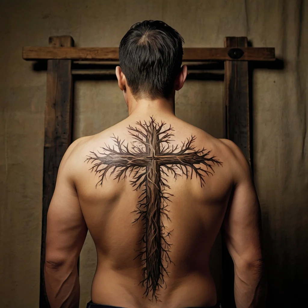 Tattoo of a tree with intricate roots and branches forming a cross, covering the upper back with earthy tones.