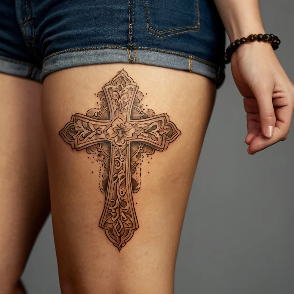 Intricate cross tattoo with ornate patterns and floral accents on thigh, blending shading and dot work.