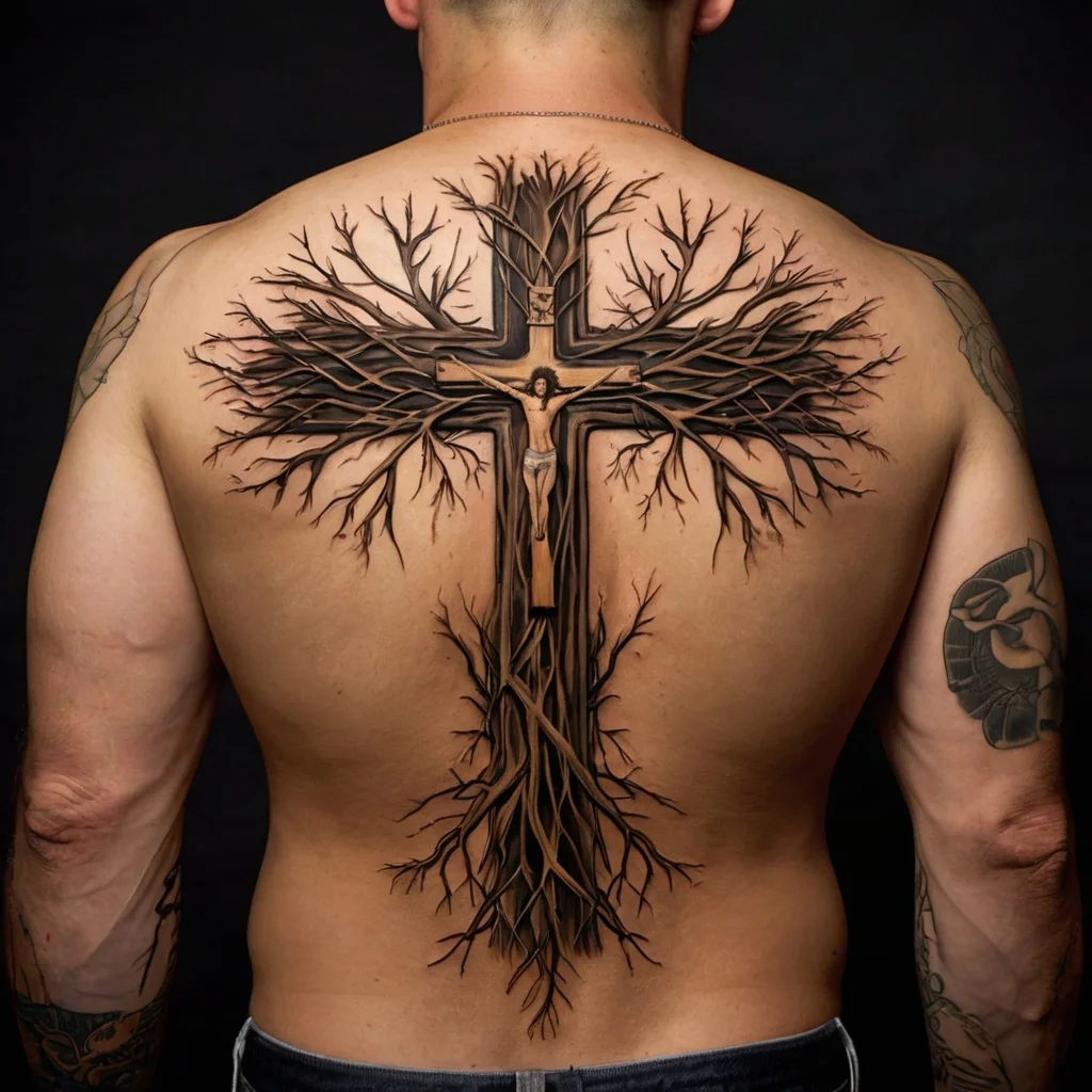 Intricate back tattoo of a cross formed by tree branches and roots, featuring a detailed crucifix in the center.