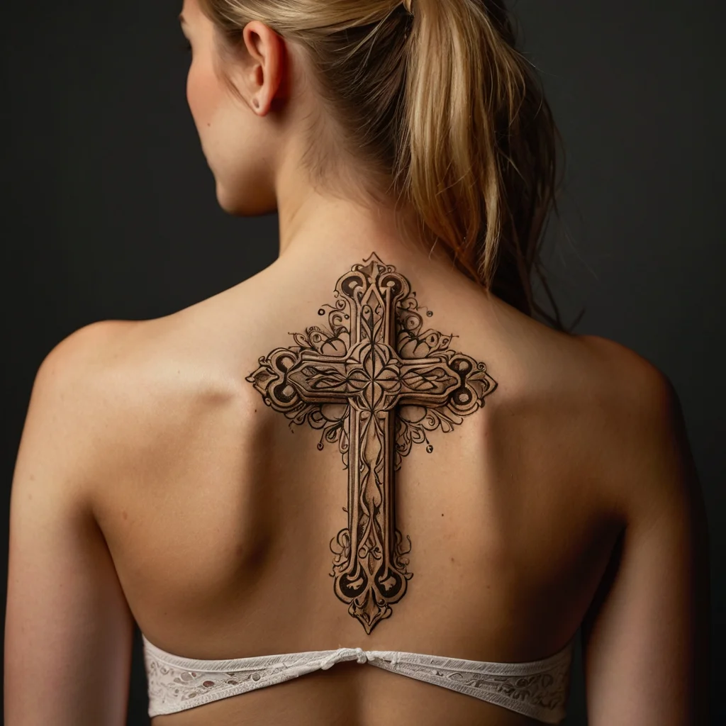 Intricate cross tattoo on back, featuring ornate detailing with floral and paisley patterns, blending elegance and spirituality.