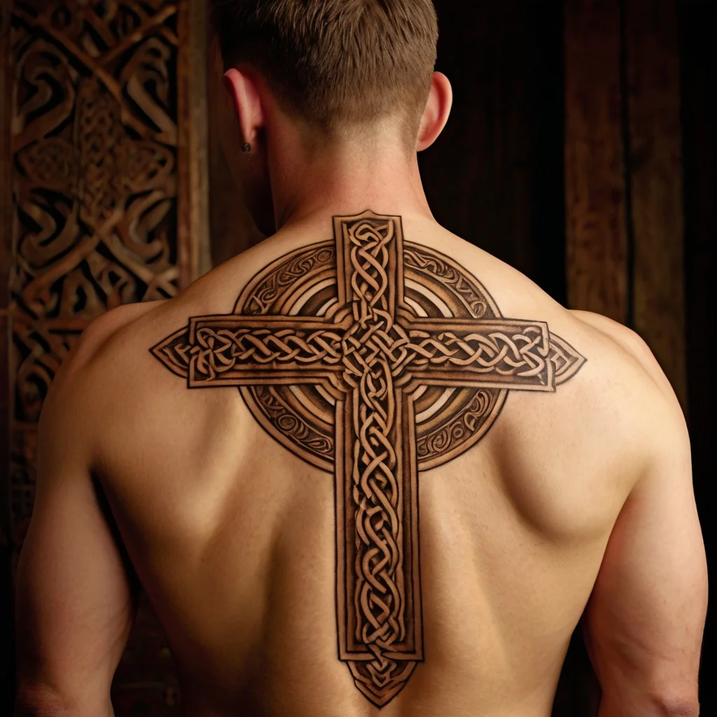 Intricate Celtic cross tattoo on back, featuring deep black ink with detailed knotwork and circular accents.