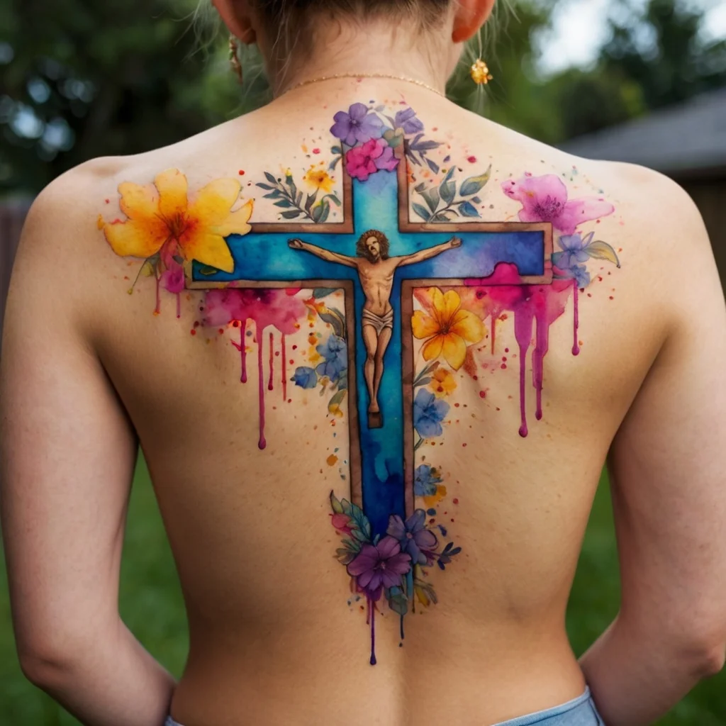 Vibrant tattoo of a blue cross with Jesus, adorned with colorful flowers and watercolor splashes on a person's back.