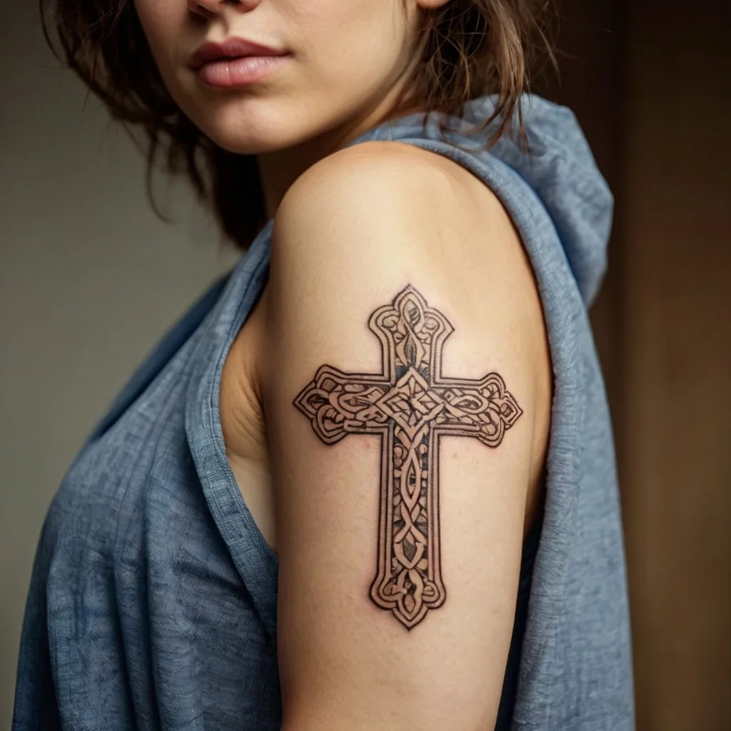 Intricate Celtic cross tattoo with knotwork design on upper arm, blending tradition and artistry.